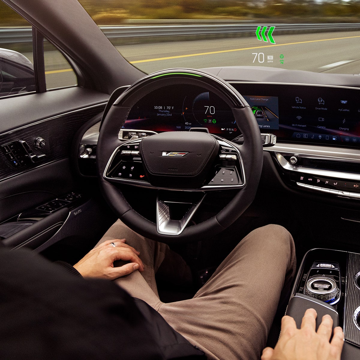 Driver's Seat Perspective of Someone Driving a Cadillac Utilizing the Super Cruise Hands-free Driving Feature