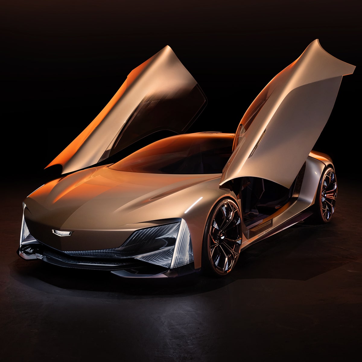 A Cadillac Ultra-luxury High Performance Concept Vehicle with Butterfly Doors Open