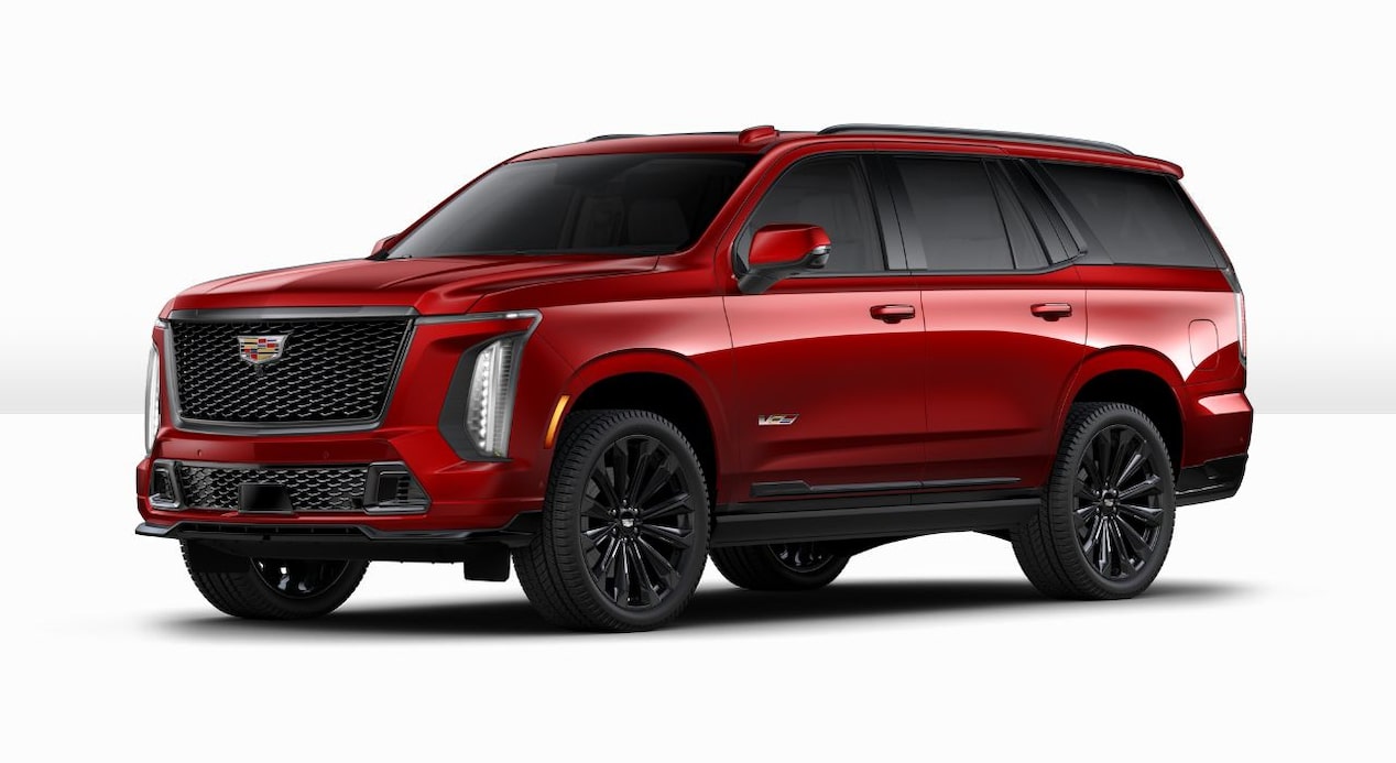 A Side Profile of the Red 2025 Cadillac Escalade-V