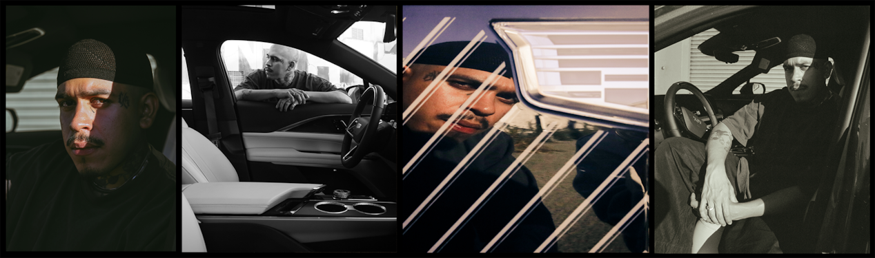 Collage of Oakland Artist Esteban Samayoa Posing with the Cadillac LYRIQ