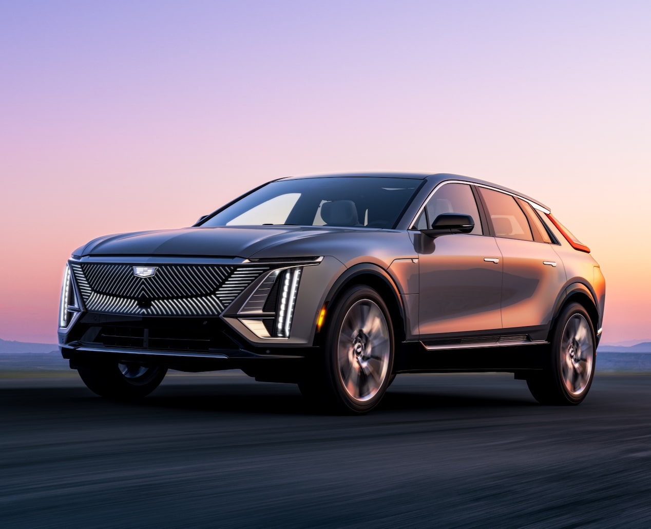 2023 Cadillac LYRIQ EV Parked in Front of Sunset