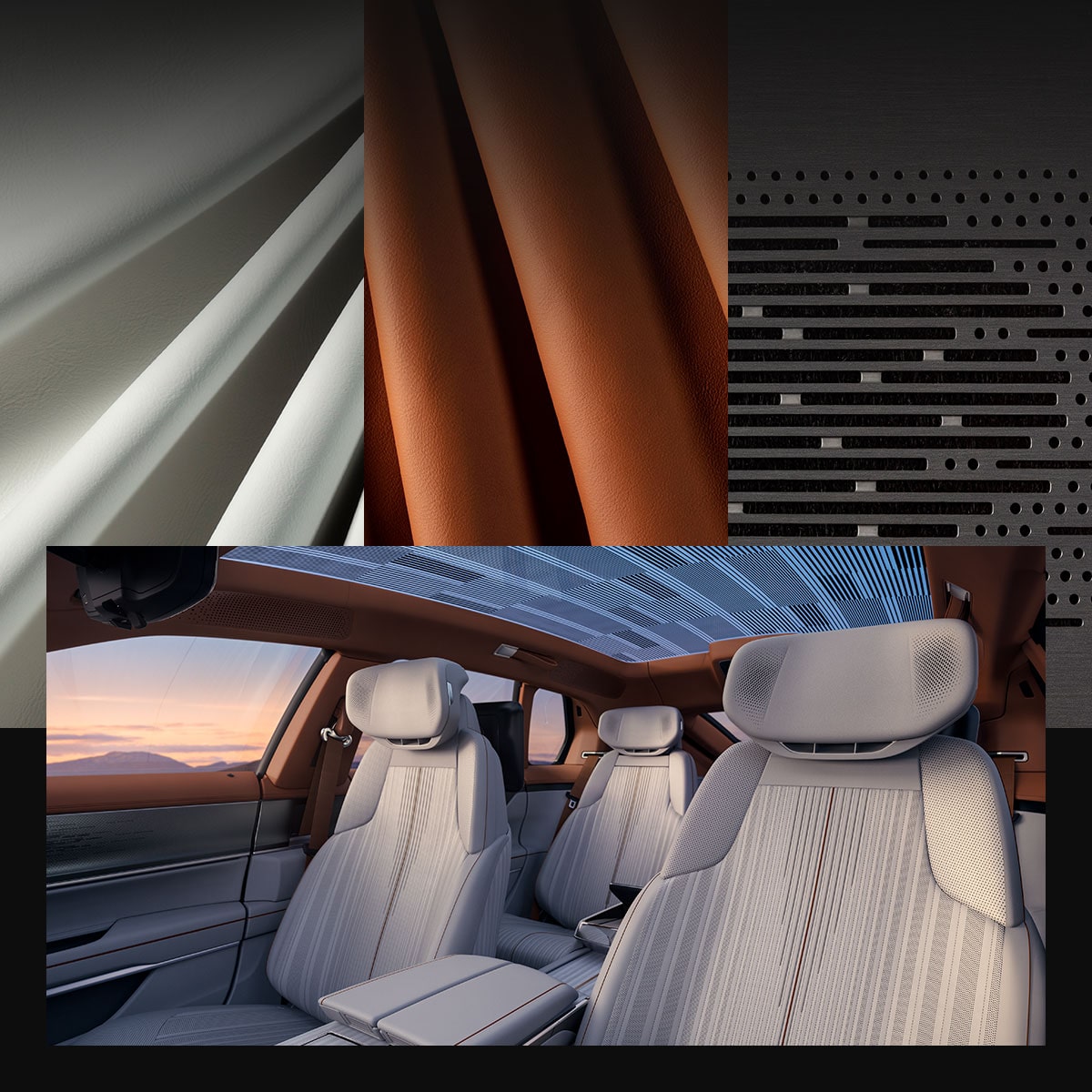 A Collage of the CELESTIQ Premium Materials and Interior of the Mist Design