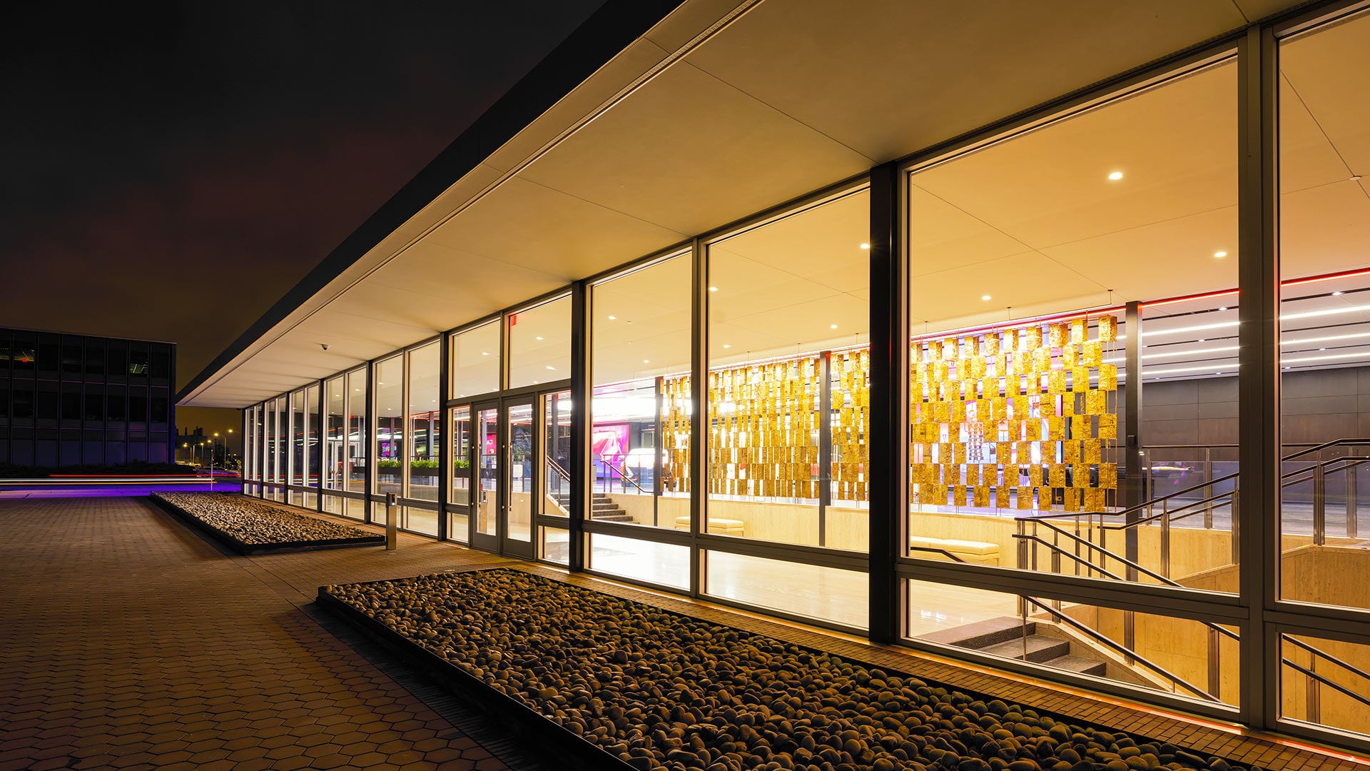 Outside View of the Cadillac House Lobby at Night