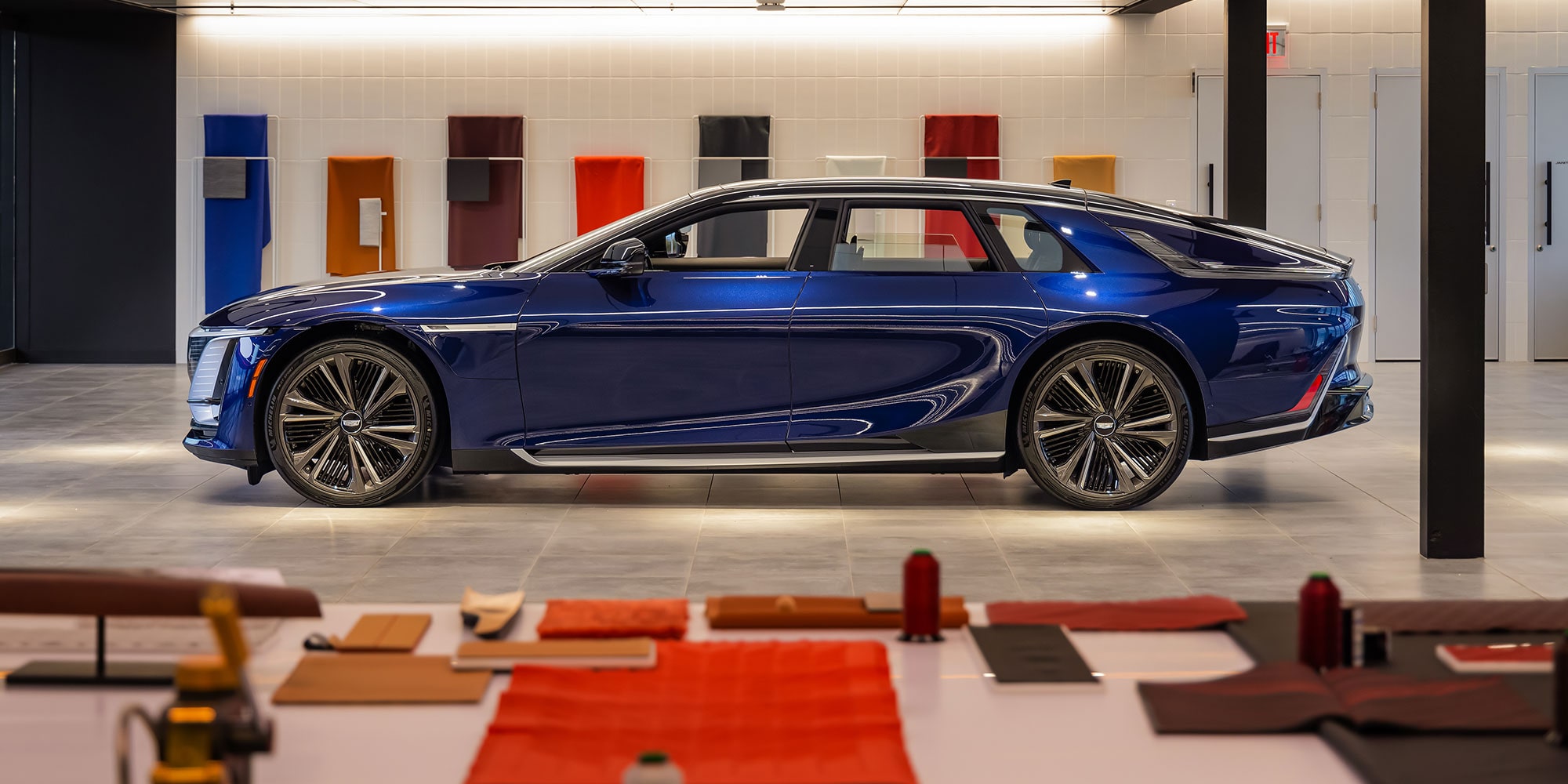 A Side Profile of the Ultra-luxury Cadillac CELESTIQ Parked in the Cadillac House Showroom