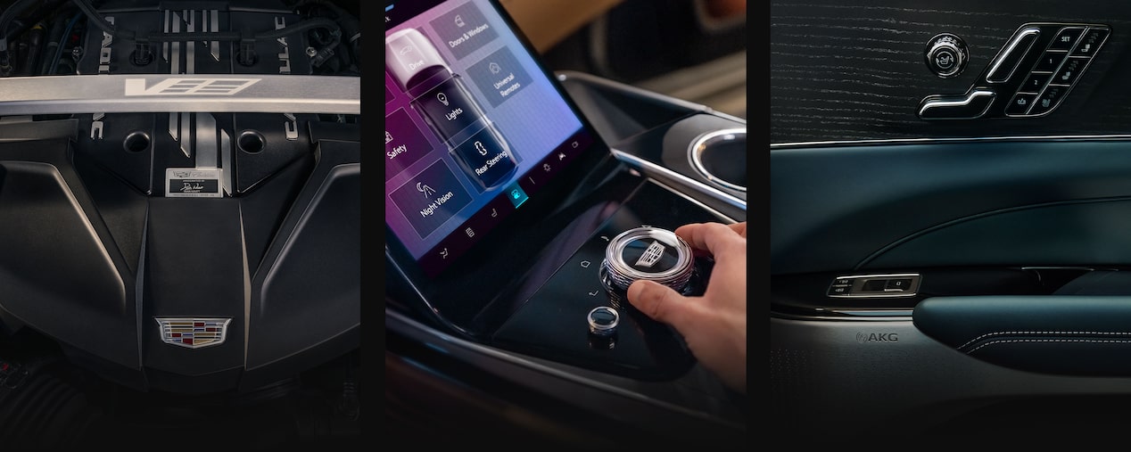 A Picture Collage of a Cadillac V-Series Engine, Escalade IQ Control Knob, and Door Control Panel