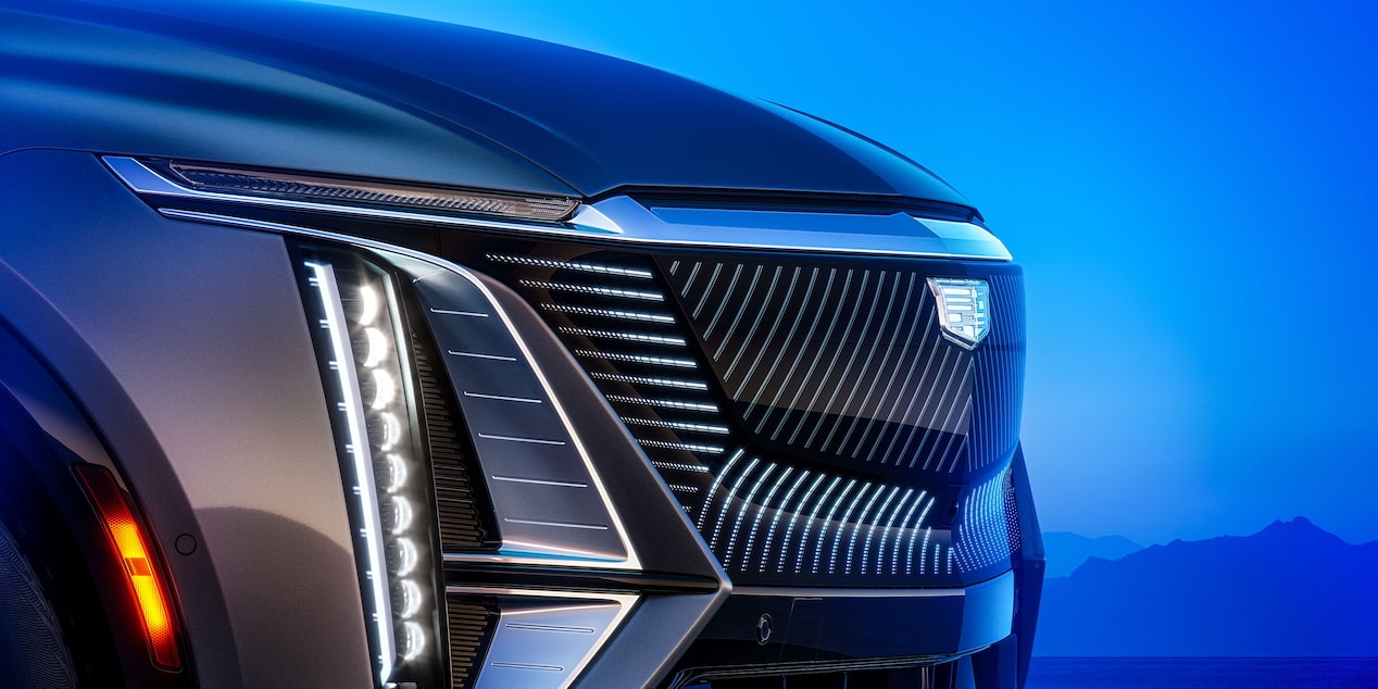 The Black Crystal Shield and LED Headlamps of the Cadillac LYRIQ