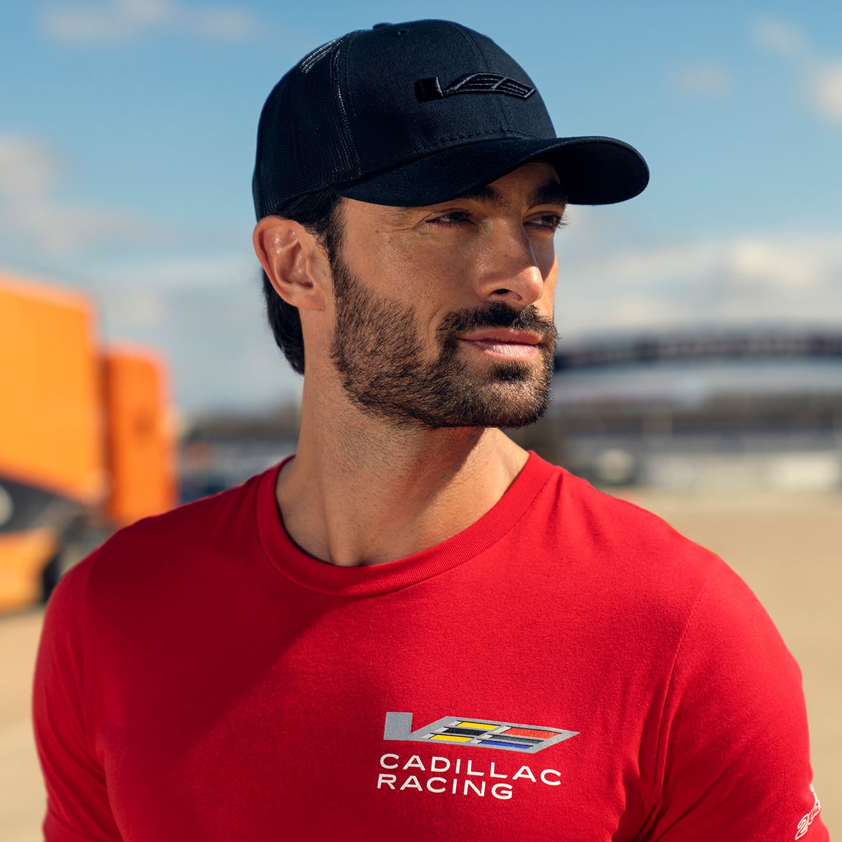 Close-up of a Cadillac V-Series Racing Team Member Looking into the Distance