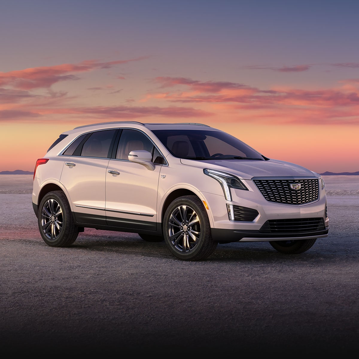 Three-quarter View of a White 2025 Cadillac XT5 Parked in the Desert During Twilight